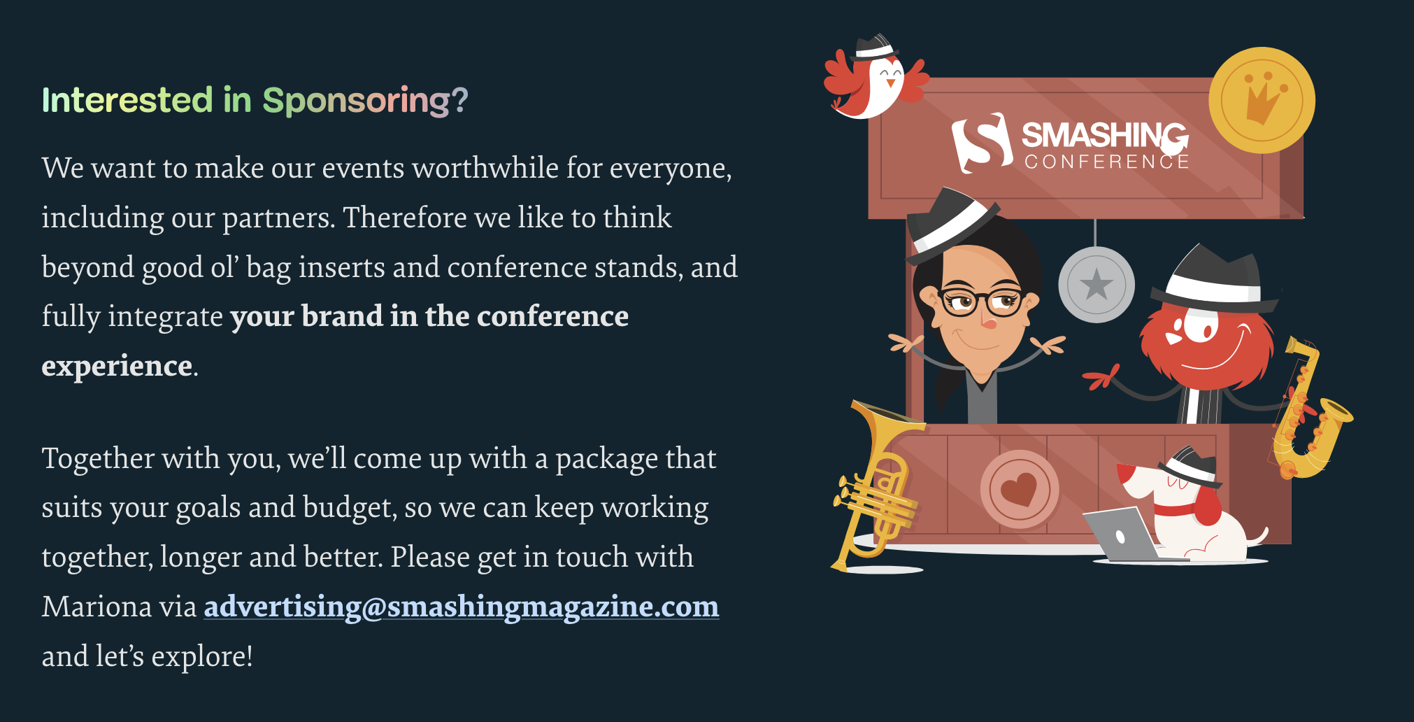 Smashing Conference sponsorship illustration showing brand integration and community engagement